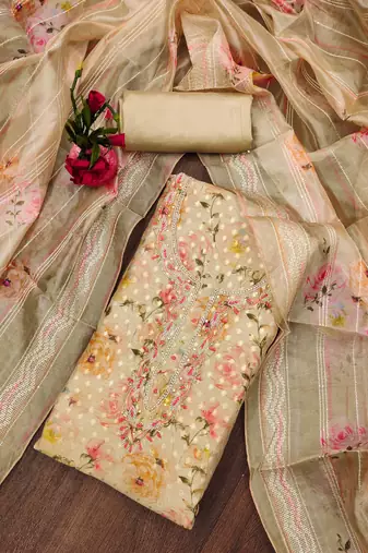 Beige hand embroidery jacquard semi stitched churidar dress-materials