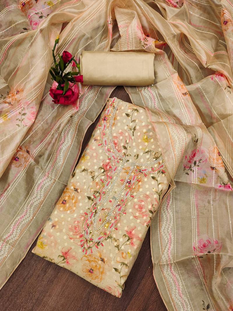 Beige hand embroidery jacquard semi stitched churidar dress-materials