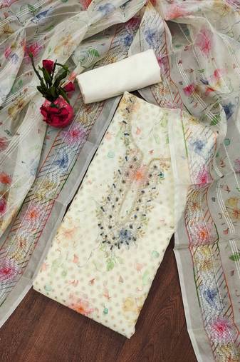Off-white hand embroidery jacquard semi stitched churidar dress-materials