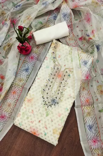 Off-white hand embroidery jacquard semi stitched churidar dress-materials