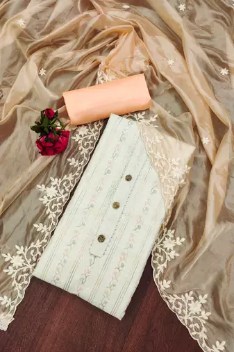 Off-white embroidered chanderi semi stitched churidar dress-materials