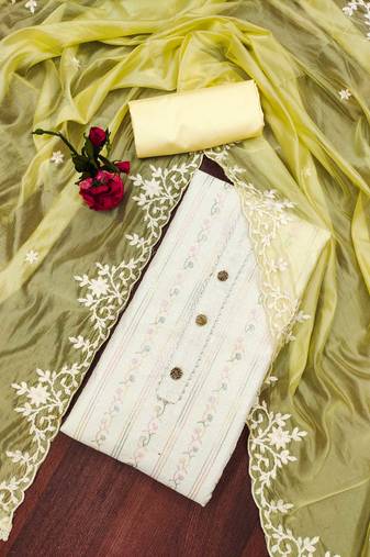 Off-white embroidered chanderi semi stitched churidar dress-materials