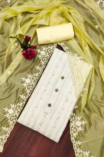 Off-white embroidered chanderi semi stitched churidar dress-materials