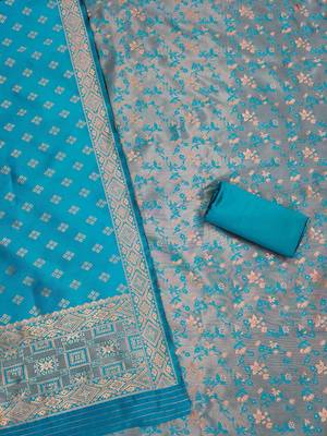 Sky-blue woven silk blend unstitched churidar dress-materials 2
