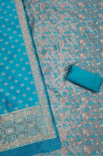 Sky-blue woven silk blend unstitched churidar dress-materials