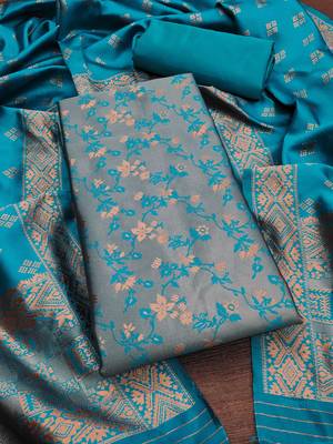 Sky-blue woven silk blend unstitched churidar dress-materials 3