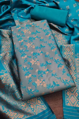 Sky-blue woven silk blend unstitched churidar dress-materials