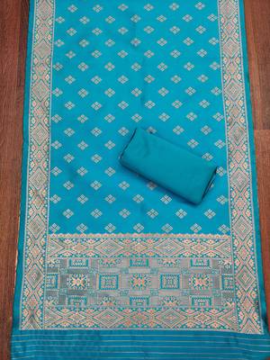 Sky-blue woven silk blend unstitched churidar dress-materials 4
