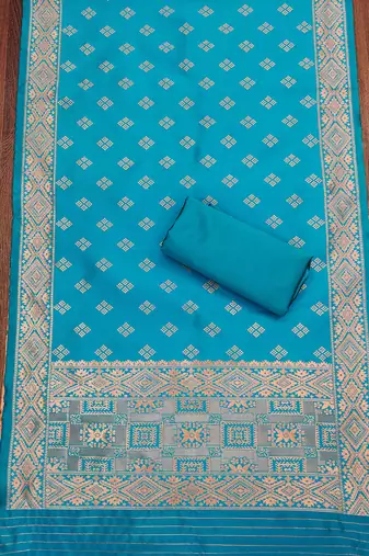 Sky-blue woven silk blend unstitched churidar dress-materials