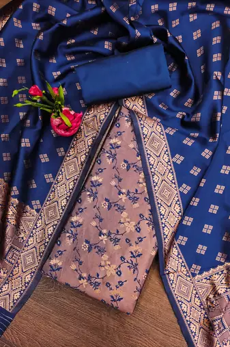 Navy-blue woven silk blend unstitched churidar dress-materials
