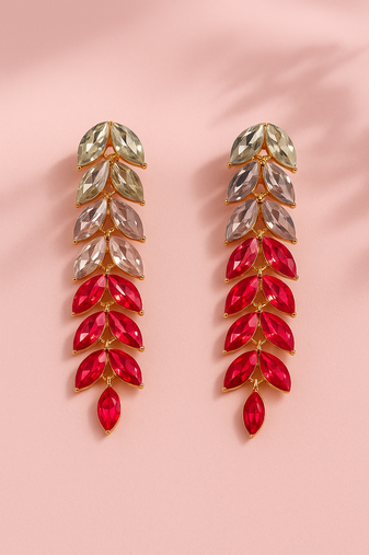 Jewelz gold-plated gradient leaf drop earrings in pink & crystal tones