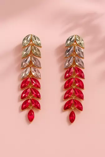 Jewelz gold-plated gradient leaf drop earrings in pink & crystal tones