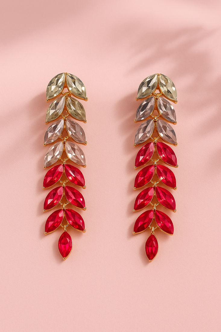 Jewelz gold-plated gradient leaf drop earrings in pink & crystal tones
