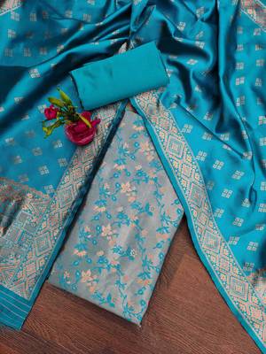 Sky-blue woven silk blend unstitched churidar dress-materials 1
