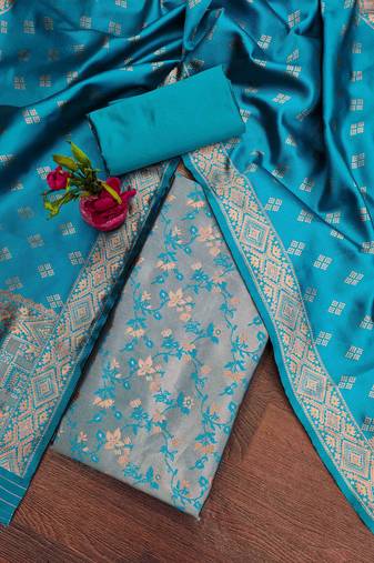 Sky-blue woven silk blend unstitched churidar dress-materials