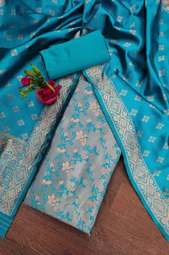 Sky-blue woven silk blend unstitched churidar dress-materials