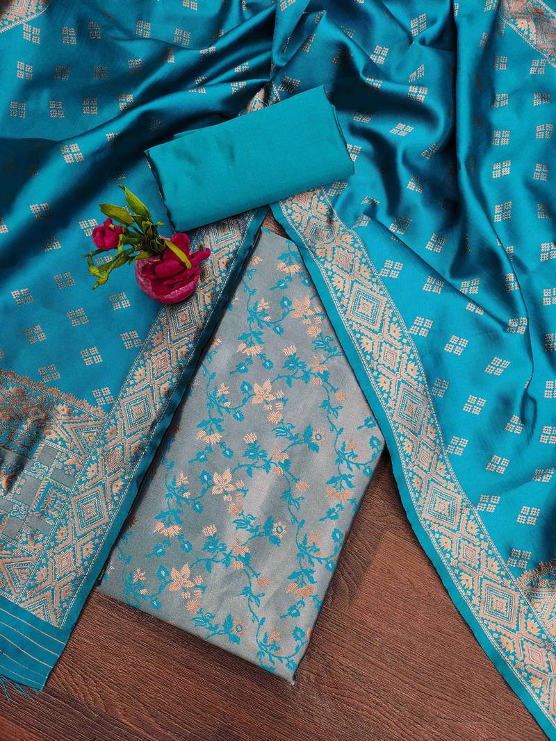 Sky-blue woven silk blend unstitched churidar dress-materials