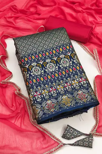 Navy-blue woven jacquard unstitched churidar dress-materials