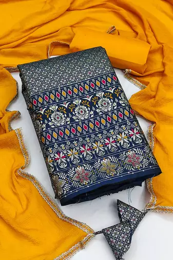Navy-blue woven jacquard unstitched churidar dress-materials