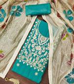 Teal embroidered silk blend semi stitched churidar dress-materials