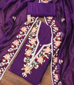 Purple thread embroidery silk blend semi stitched churidar dress-materials