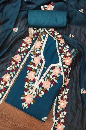 Teal thread embroidery silk blend semi stitched churidar dress-materials