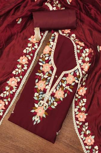 Maroon thread embroidery silk blend semi stitched churidar dress-materials