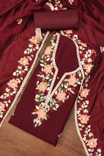 Maroon thread embroidery silk blend semi stitched churidar dress-materials