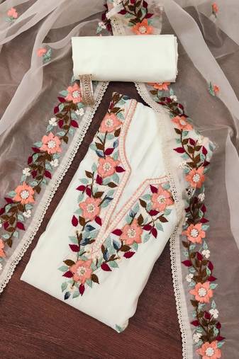 Off-white thread embroidery silk blend semi stitched churidar dress-materials