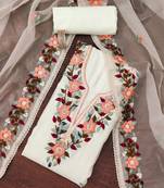 Off-white thread embroidery silk blend semi stitched churidar dress-materials