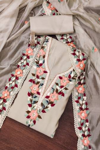 Cream thread embroidery silk blend semi stitched churidar dress-materials