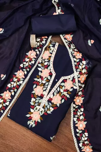 Navy-blue thread embroidery silk blend semi stitched churidar dress-materials
