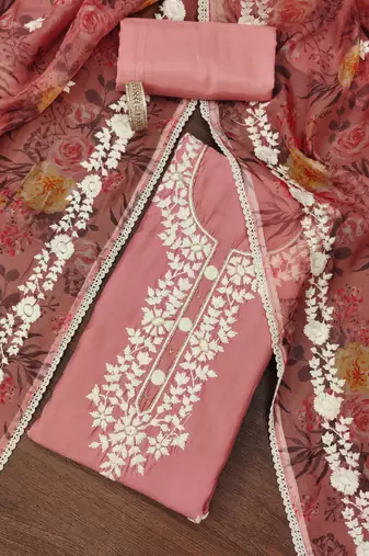 Pink thread embroidery silk blend semi stitched churidar dress-materials