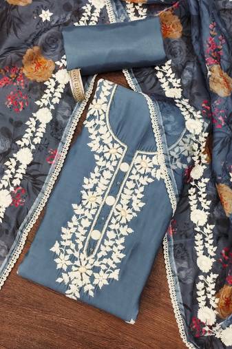 Grey thread embroidery silk blend semi stitched churidar dress-materials
