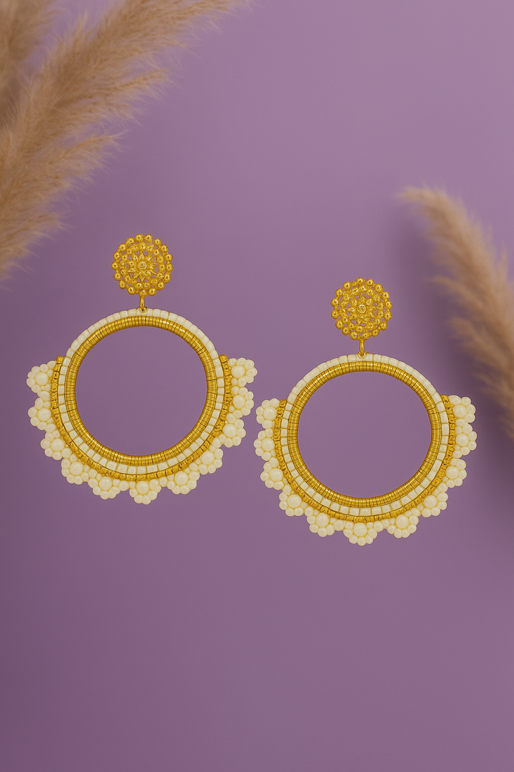 Jewelz handmade white & gold beaded hoop earrings