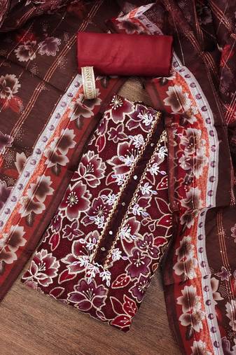 Red sequins organza semi stitched churidar dress-materials