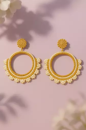 Jewelz handmade white & gold beaded hoop earrings