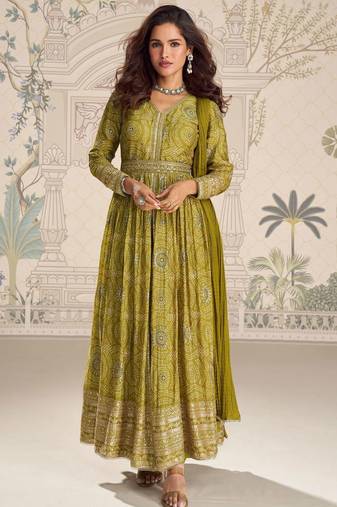 Olive green chinnon silk set with heavy thread & sequin embroidery lace borders - Full Stitched free Size