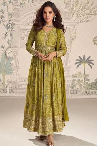Olive green chinnon silk set with heavy thread & sequin embroidery lace borders - Full Stitched free Size