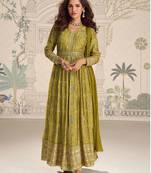 Olive green chinnon silk set with heavy thread & sequin embroidery lace borders - Full Stitched free Size