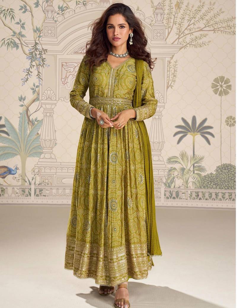 Olive green chinnon silk set with heavy thread & sequin embroidery lace borders - Full Stitched free Size