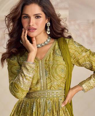 Olive green chinnon silk set with heavy thread & sequin embroidery lace borders - Full Stitched free Size 2