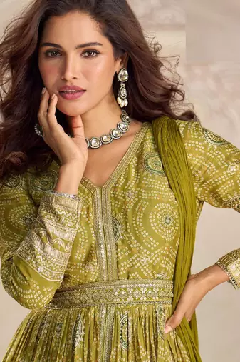 Olive green chinnon silk set with heavy thread & sequin embroidery lace borders - Full Stitched free Size