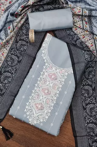 Grey sequins silk blend semi stitched churidar dress-materials