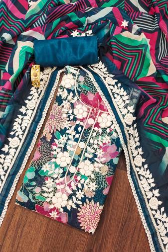 Teal-blue embroidered organza semi stitched churidar dress-materials