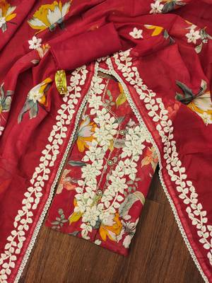 Red embroidered organza semi stitched churidar dress-materials 1