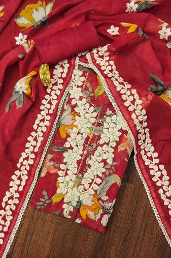 Red embroidered organza semi stitched churidar dress-materials