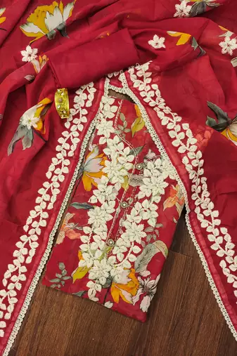 Red embroidered organza semi stitched churidar dress-materials