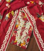 Red embroidered organza semi stitched churidar dress-materials