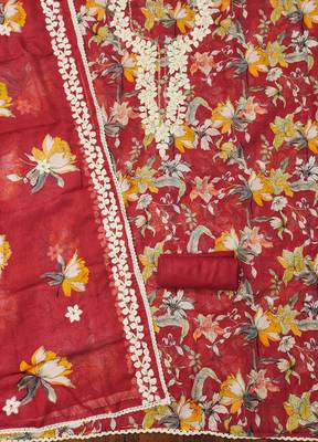 Red embroidered organza semi stitched churidar dress-materials 2